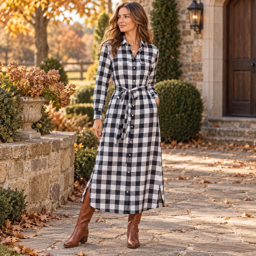 Lauren Ralph Lauren Buffalo Plaid Cotton Shirt Dress Black White 6 Preppy Midi - Picture 14 of 14